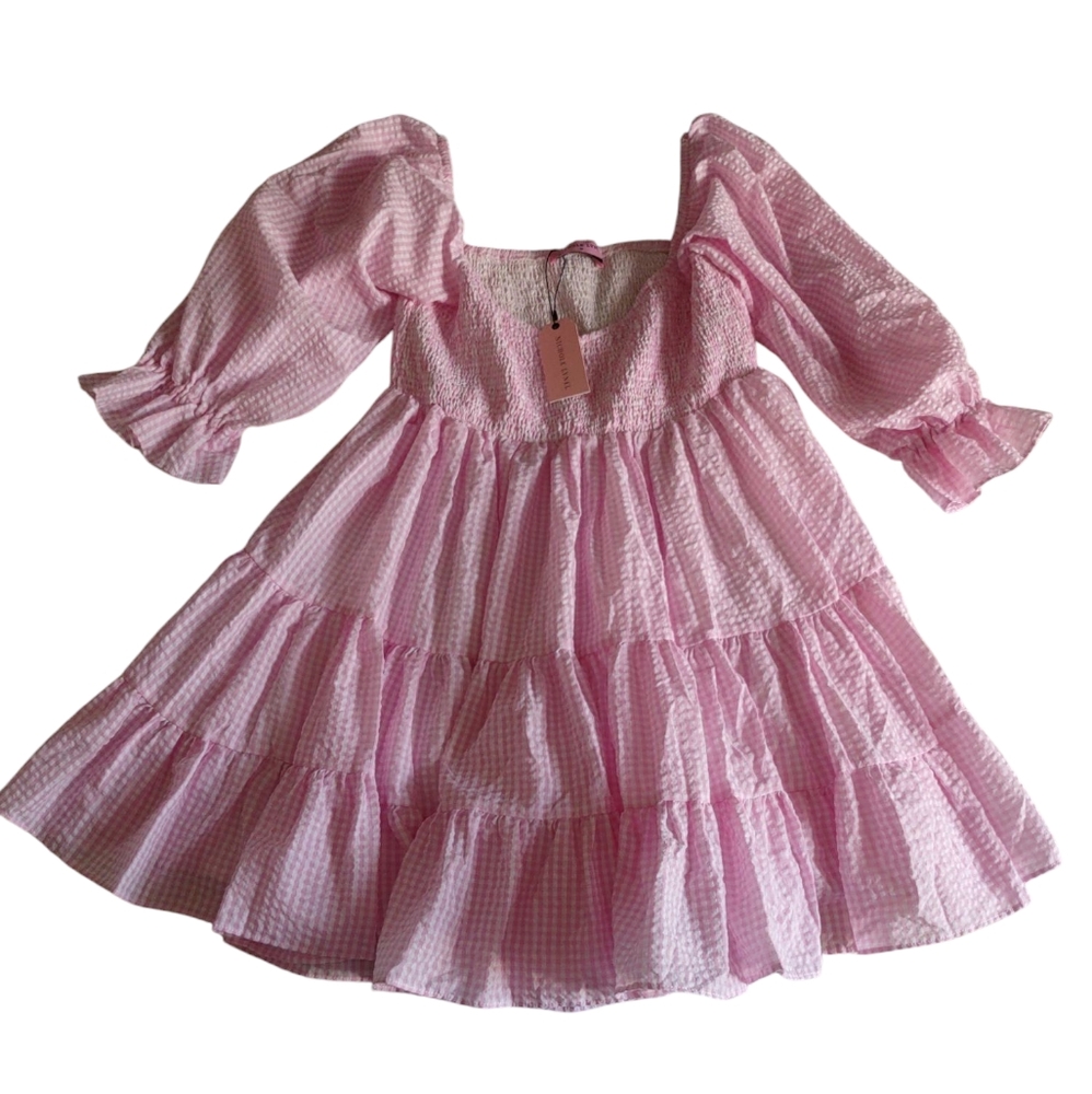 Nichole Lynel Medium Pink Babydoll Style Smocked V-Neck Seersucker Pink Dress